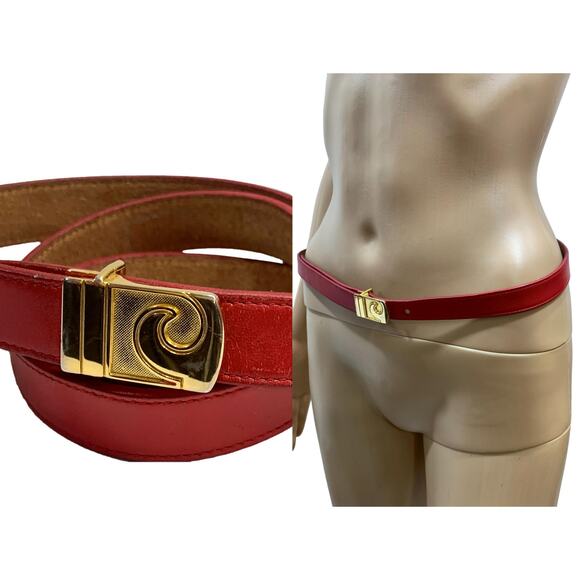 70s Pierre Cardin Red Leather Skinny Belt w Gold Logo Buckle | 31.5 - 37\